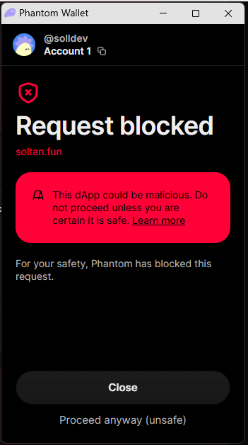 Example of a Phantom security warning shown during a Chippmunk transaction
